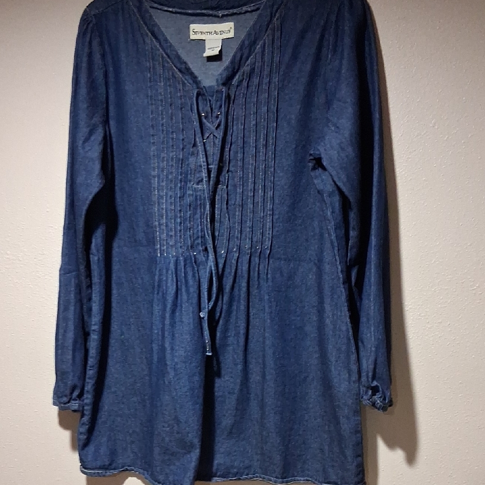 Seventh Avenue Denim-Style Lace-Up Pintuck Tunic in Indigo Blue